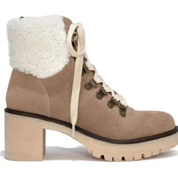 VICI Brown Shearling Lace Up Boots Chunky Heels Booties 6.5 NEW in Box Khaki